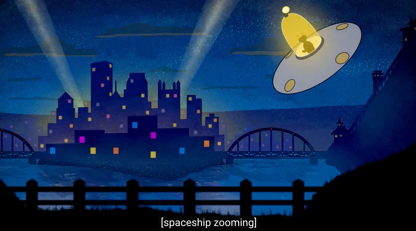 An animated night scene of a glowing UFO above the Pittsburgh skyline, with an open caption reading '[spaceship zooming]' across the bottom of the frame
